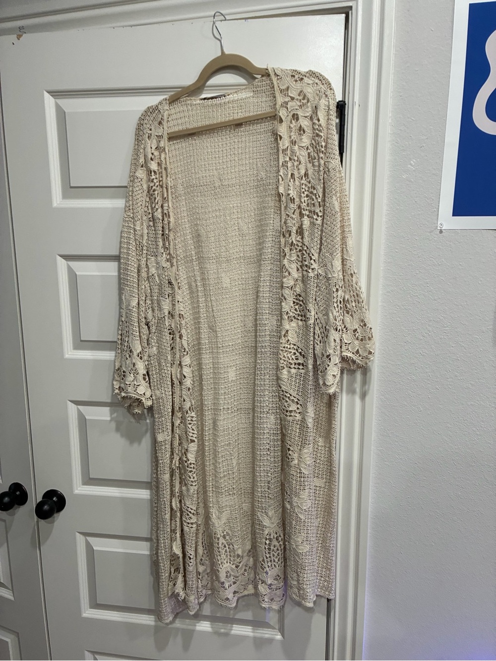 Soft Surroundings Cream Crochet Open-Front Long Cardigan